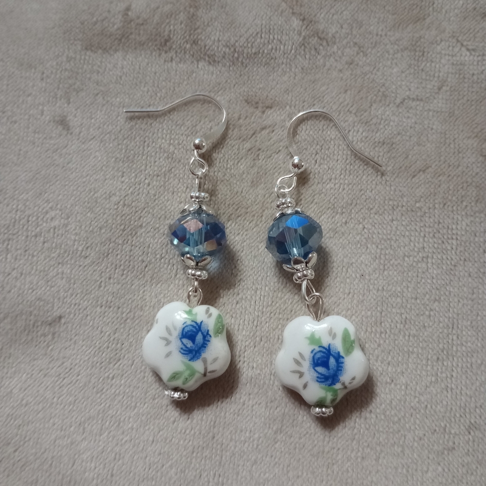 Blue Floral Porcelain Drop Earrings for Women